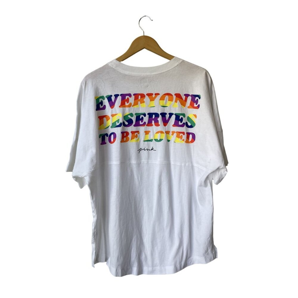 PINK Victoria's Secret Varsity Crew Pride Rainbow Tee Shirt Size L NEW Oversized - Picture 6 of 12